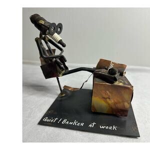 Banker At Work Sculpture Welded Up-cycled Scrap Spark Plug Signed Dexter